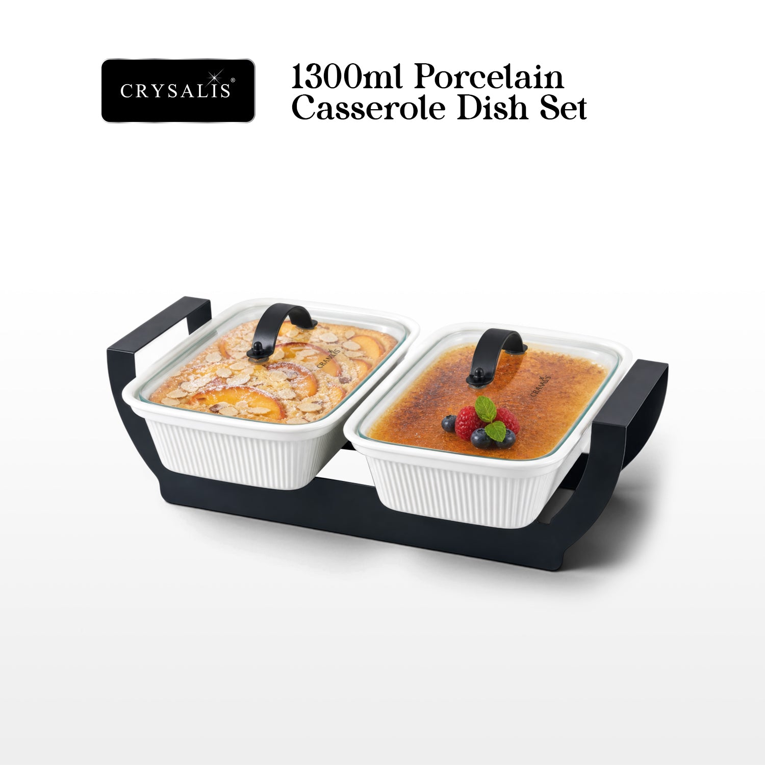 Crysalis Linear Porcelain Casserole Dish with Glass Lid and Metal Stand