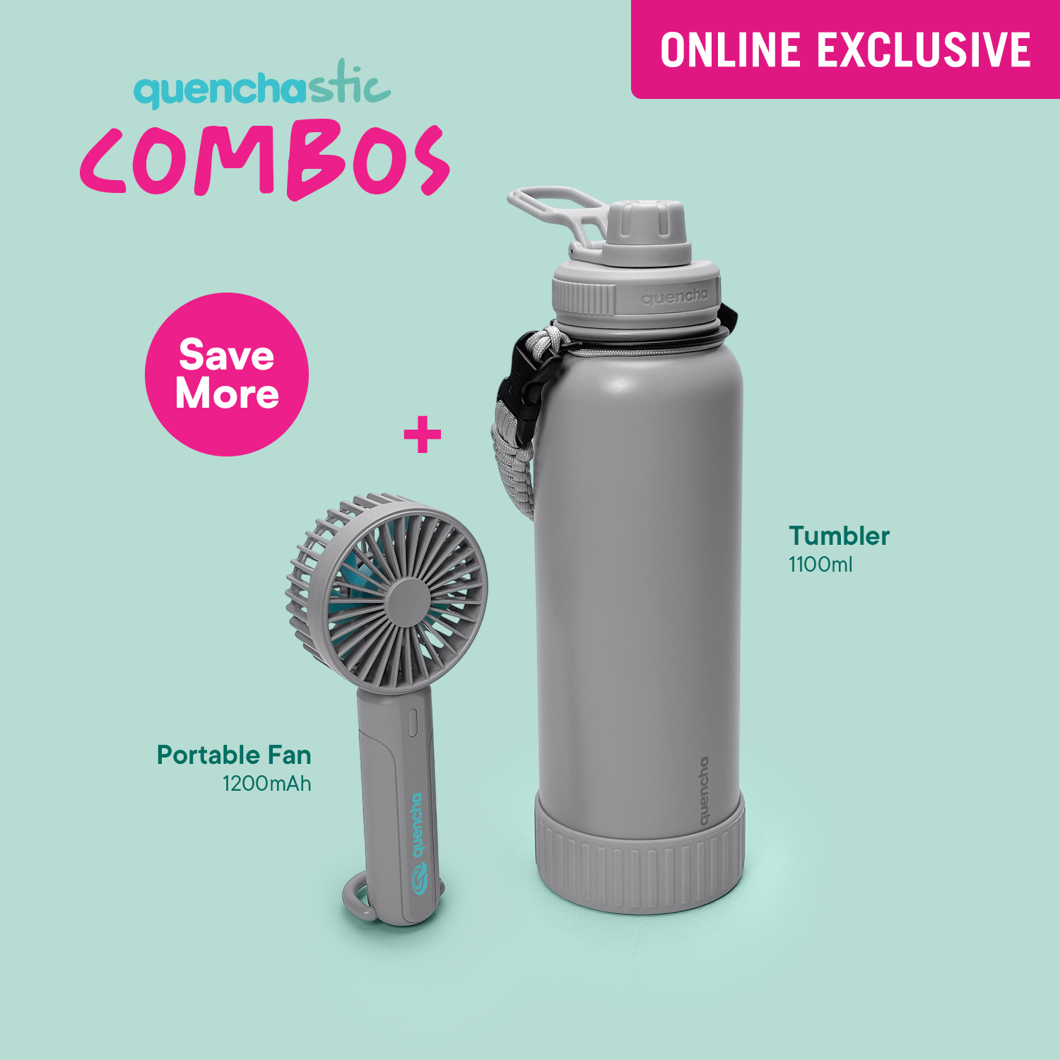 Quencha 18oz. & 37oz. Insulated Tumbler + Portable Fan with Flashlight – Perfect for Travel, Commute & Outdoors