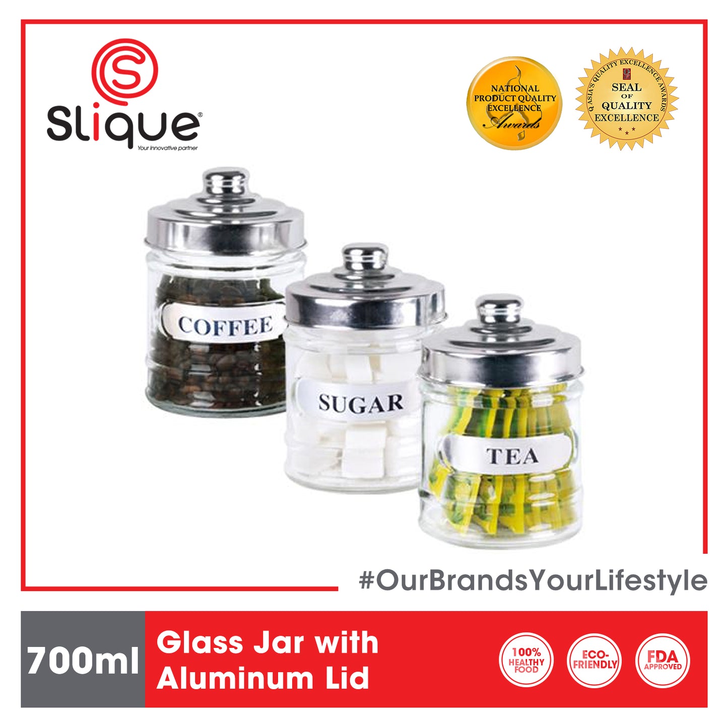 SLIQUE Glass Jar w/ Glass Lid | Ceramic Lid | Aluminum Lid [Set of 3]