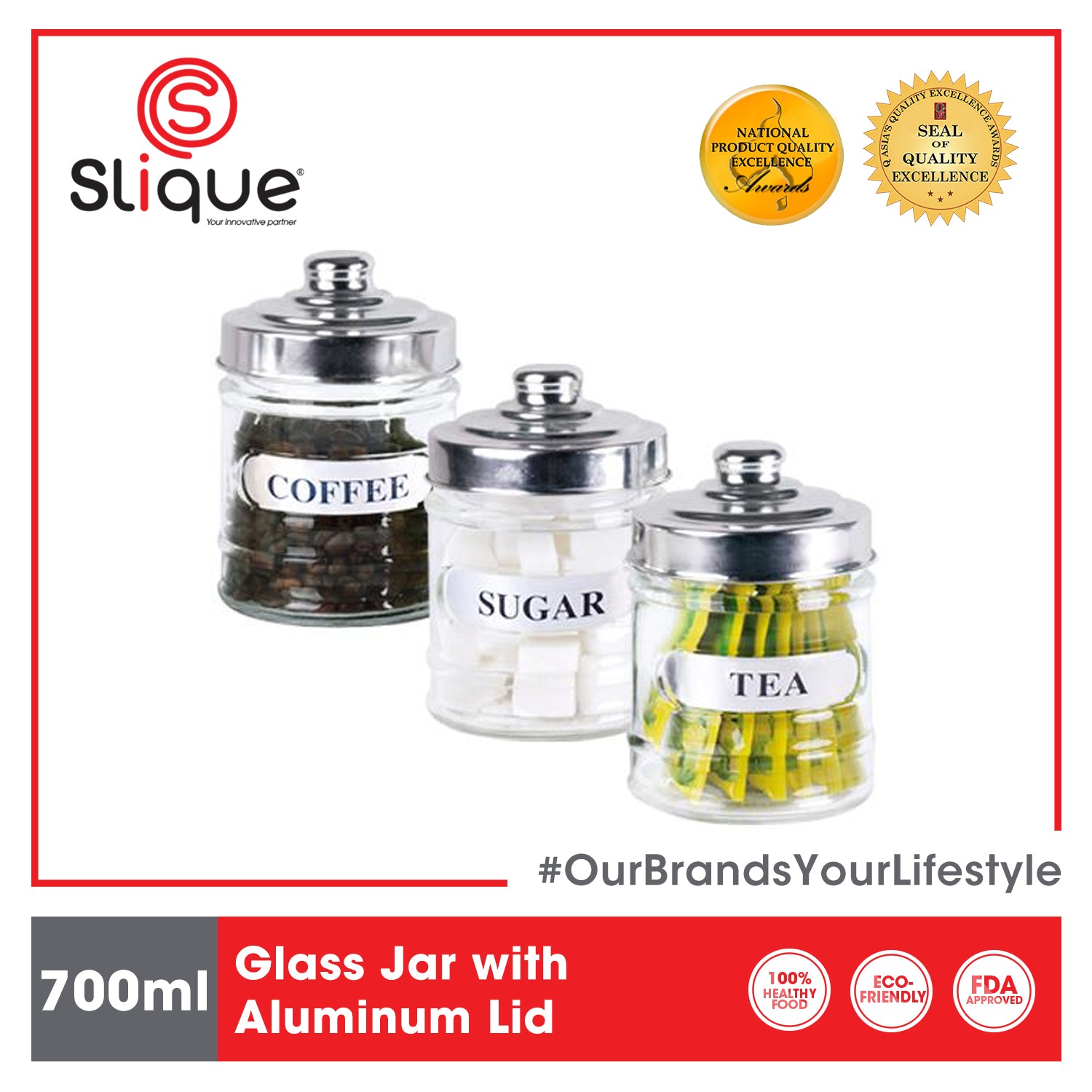 SLIQUE Glass Jar w/ Glass Lid | Ceramic Lid | Aluminum Lid [Set of 3]