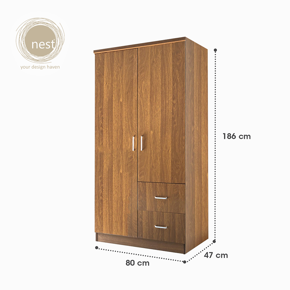NEST DESIGN LAB Premium Wardrobe 2 Doors & 2 Drawers Modern Italian Design Amazing Gift Idea For Any Occasion! (Walnut)