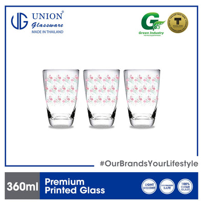 UNION GLASS Thailand Premium Printed Glass Limited Edition Design Water, Juice, Soda, Liquor Glass 360ml 13oz Set of 3 Amazing Gift Idea For Any Occasion!
