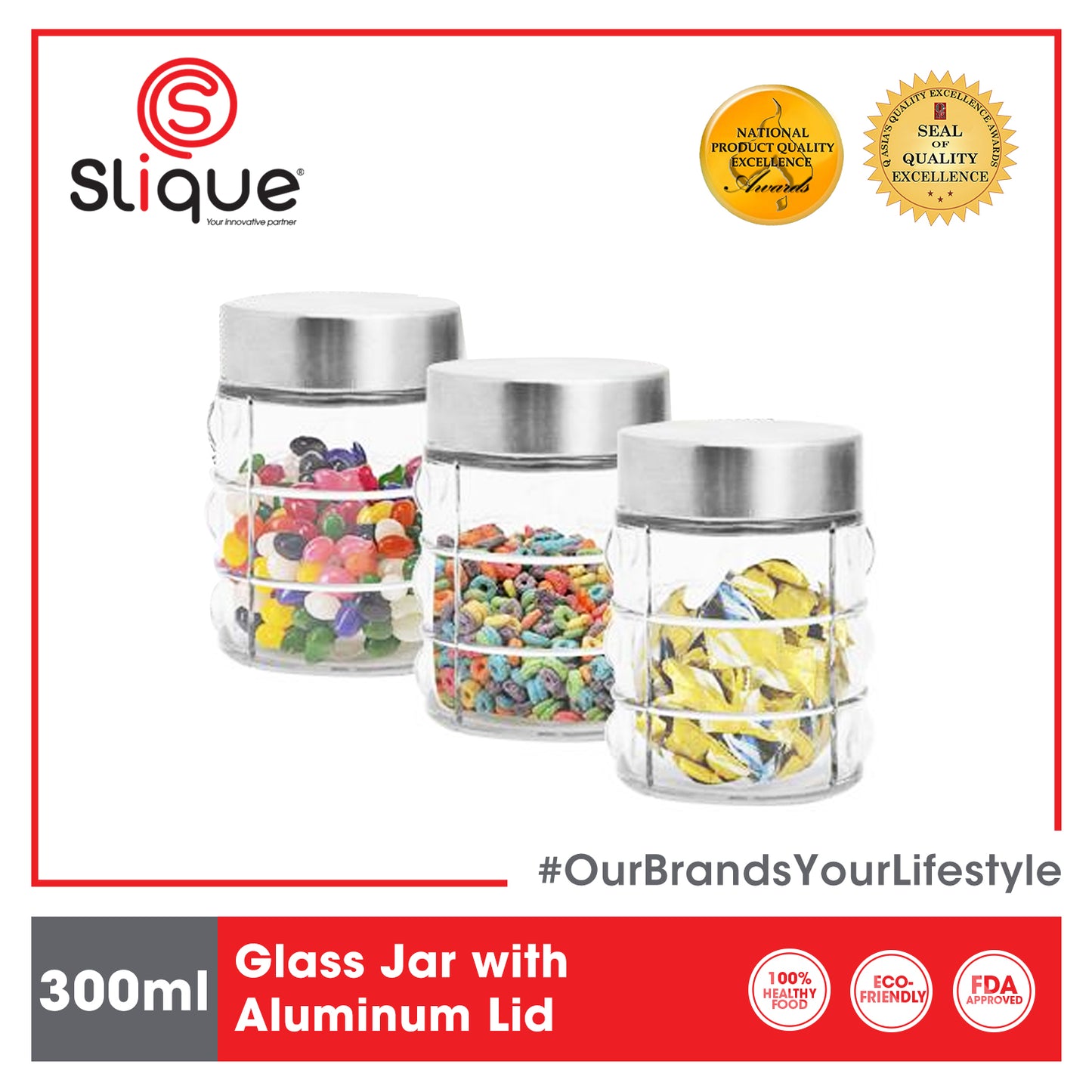 SLIQUE Glass Jar w/ Glass Lid | Ceramic Lid | Aluminum Lid [Set of 3]