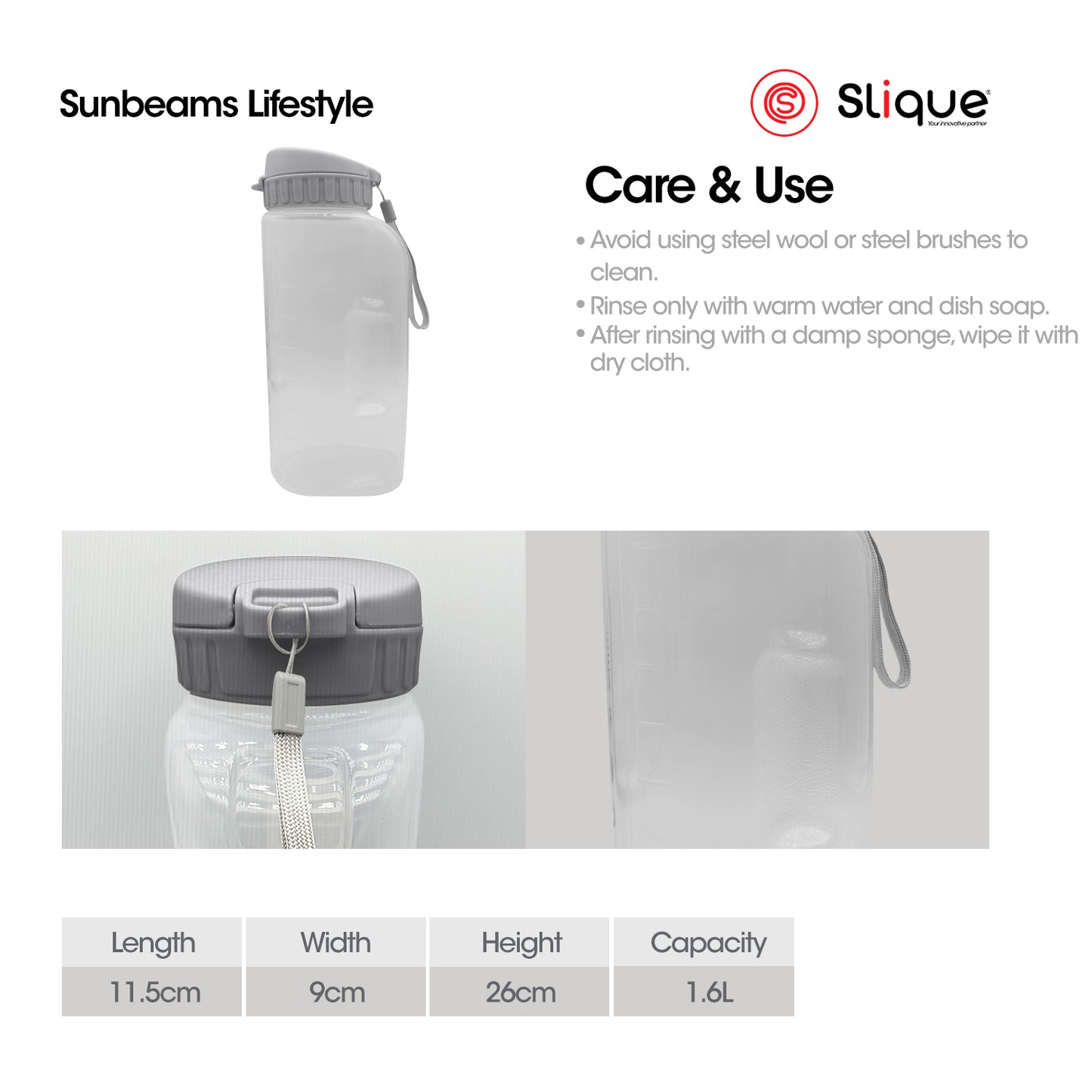 SLIQUE 1600ml Water Pitcher BPA-Free Easy Grip Handle Leak-Proof Lid Cold Beverage Fridge-Ready
