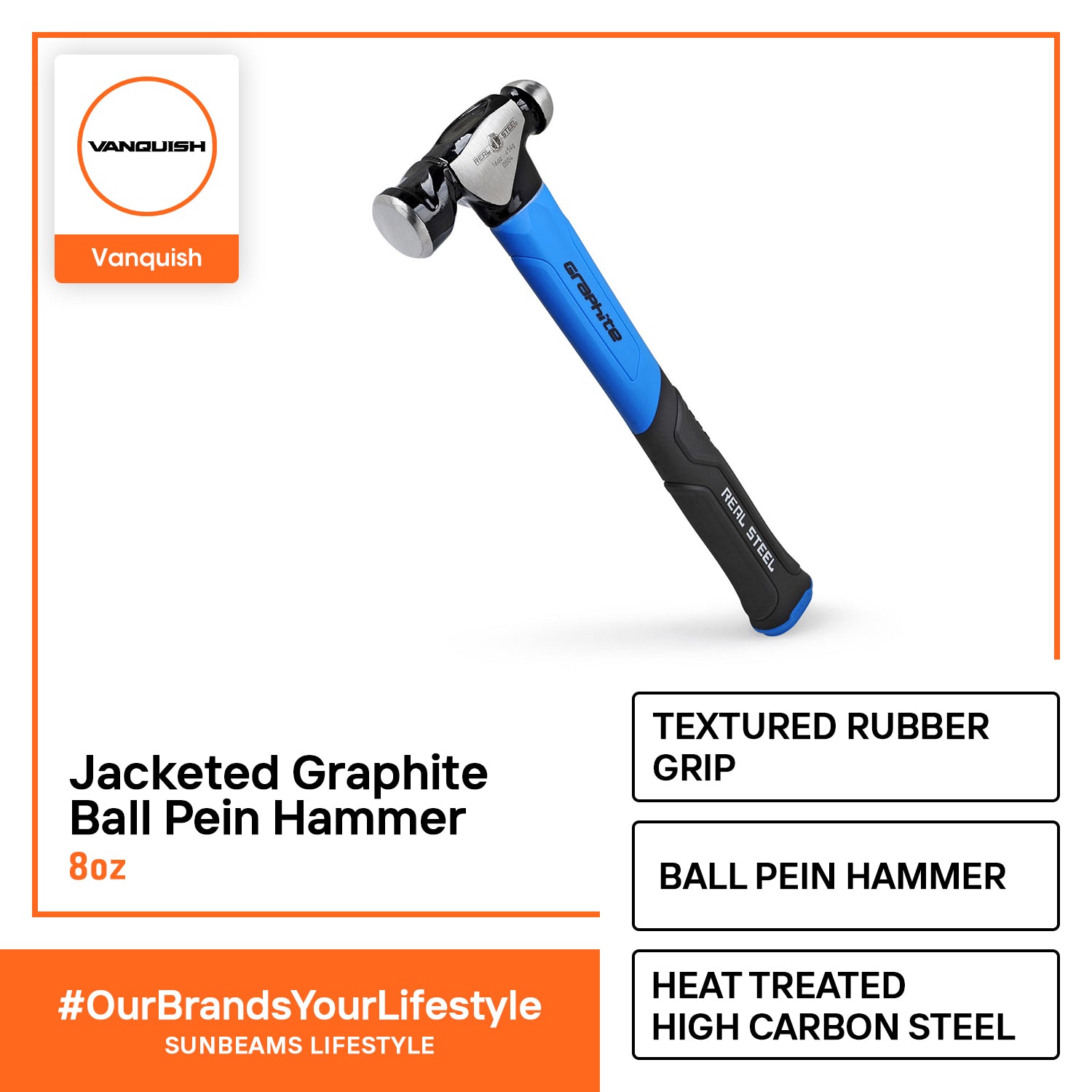 REALSTEEL Ball Pein Hammer 16oz Jacketed Graphite