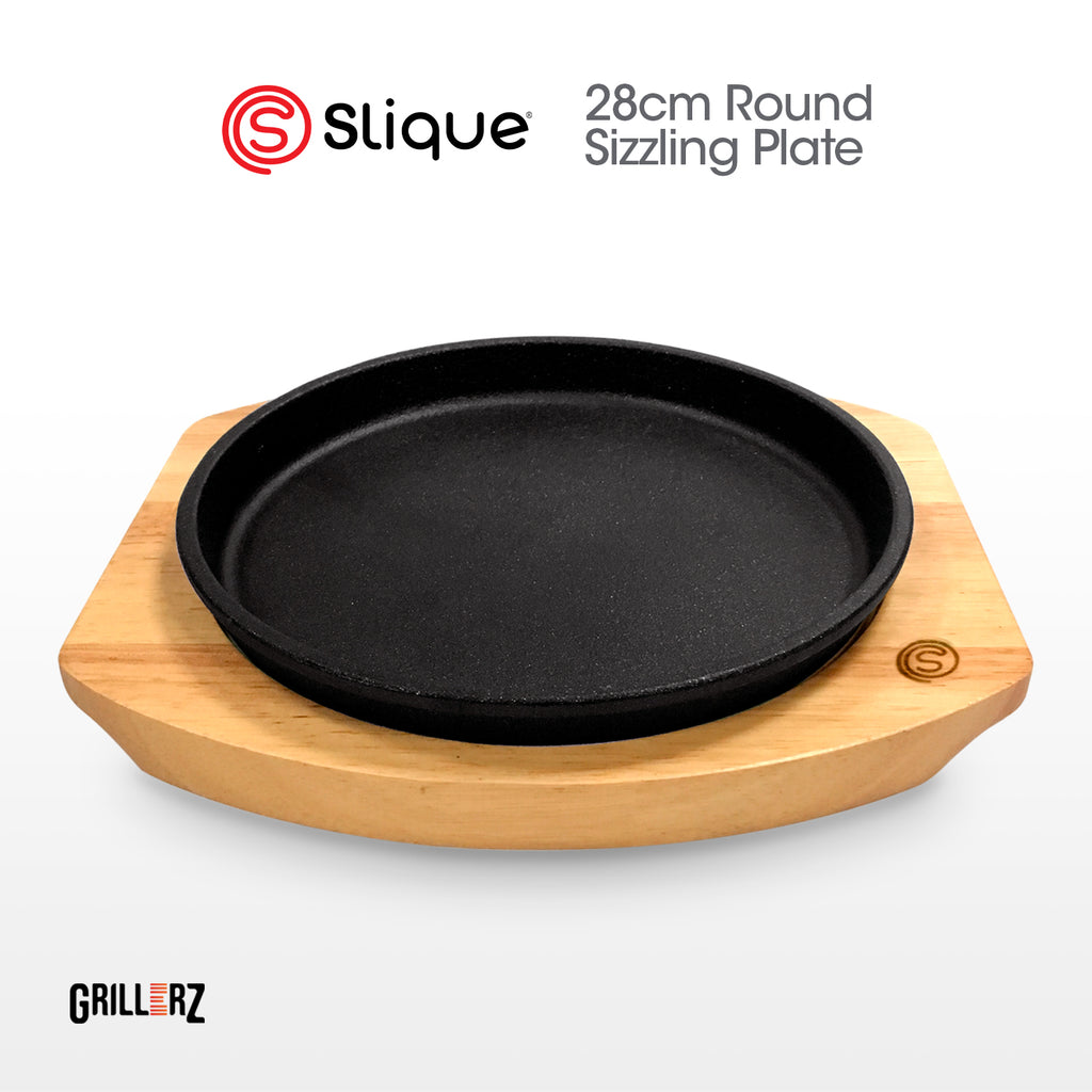 [Official] Slique GRILLERZ Cast Iron Sizzling Plate w/ Rubberwood Base - Restaurant Grade Serving Tray, Induction Ready