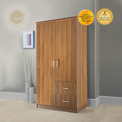 NEST DESIGN LAB Premium Wardrobe 2 Doors & 2 Drawers Modern Italian Design Amazing Gift Idea For Any Occasion! (Walnut)