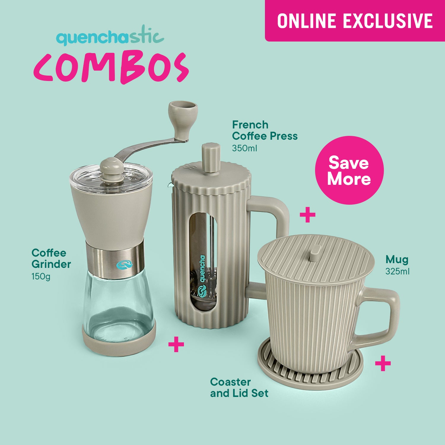 Quencha 350ml French Coffee Press, Grinder and Mug with Coaster and Lid Set
