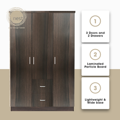 NEST DESIGN LAB Premium Wardrobe 3Doors & 2Drawers Modern Italian Design Amazing Gift Idea For Any Occasion! (Wenge)