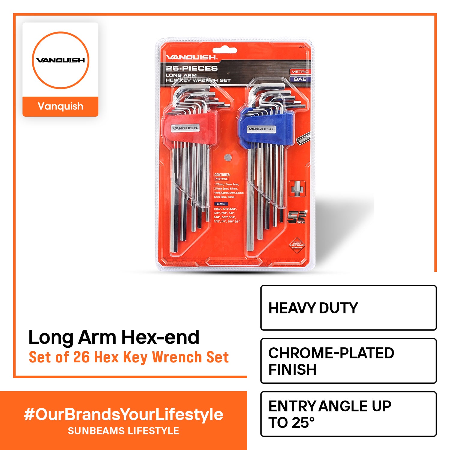 VANQUISH Premium | Heavy Duty | Professional Long Arm Hex Key Wrench Set of 26