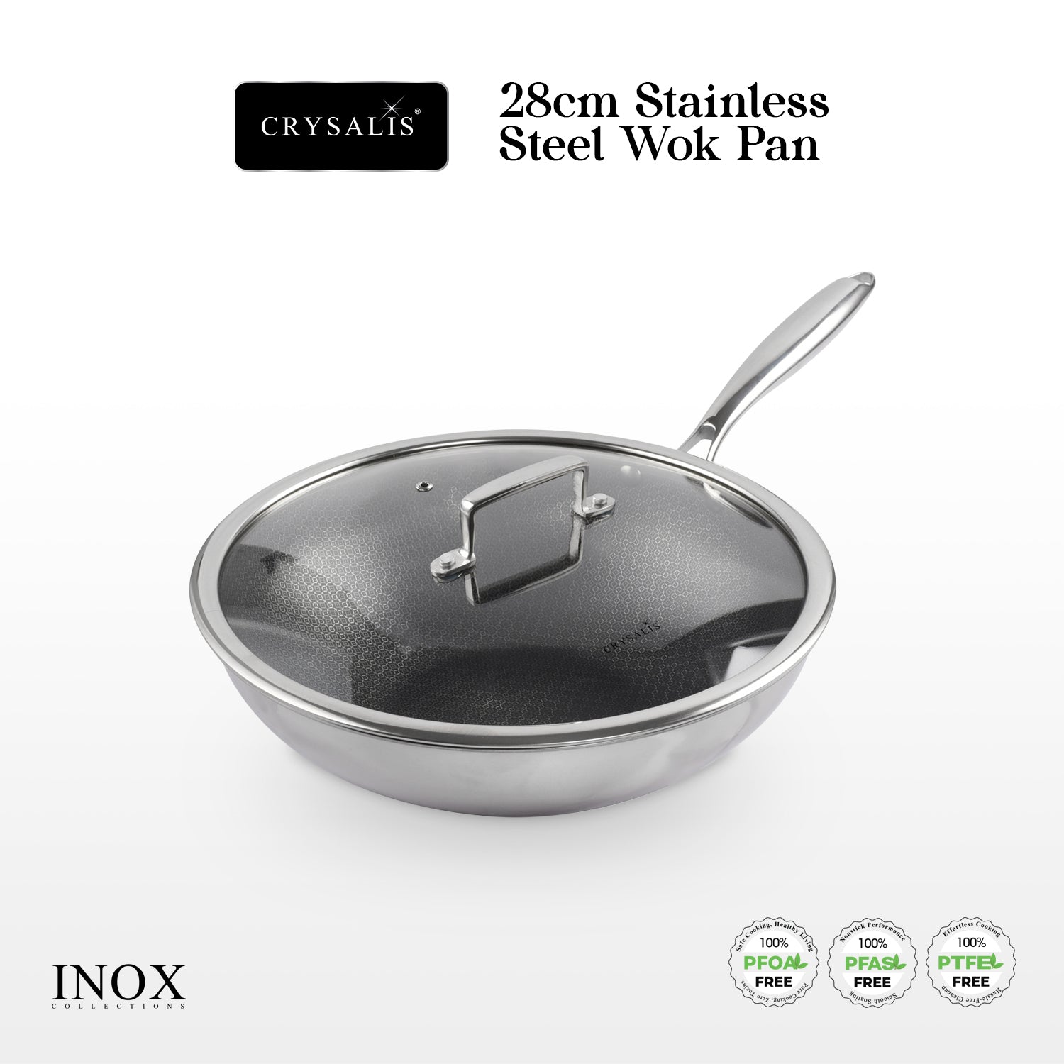 CRYSALIS INOX Stainless Steel Cookware Collection - Honeycomb Non-Stick Frypan, Saucepan, Dutch Oven, Wok Pan