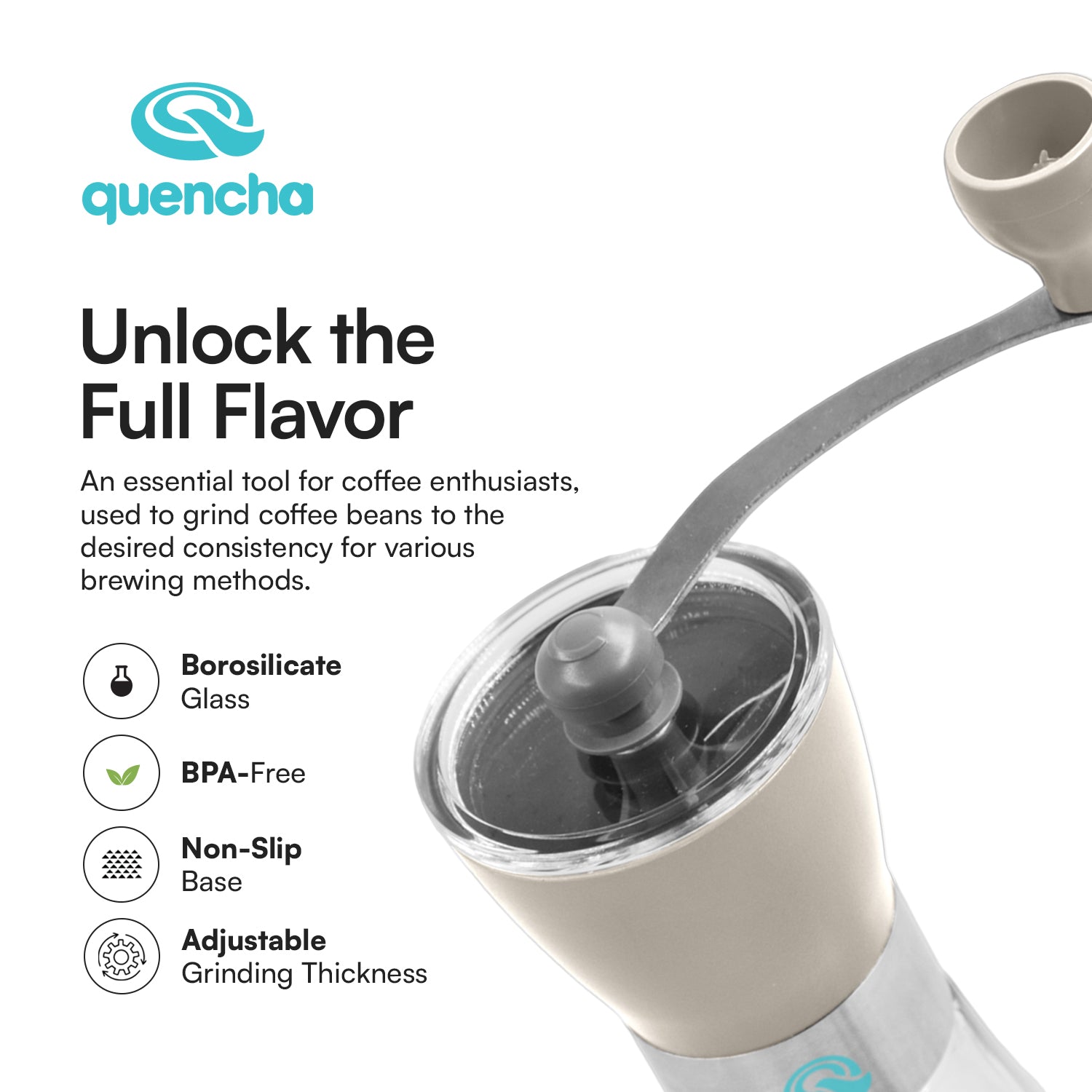 Quencha 350ml French Coffee Press, Grinder and Mug with Coaster and Lid Set