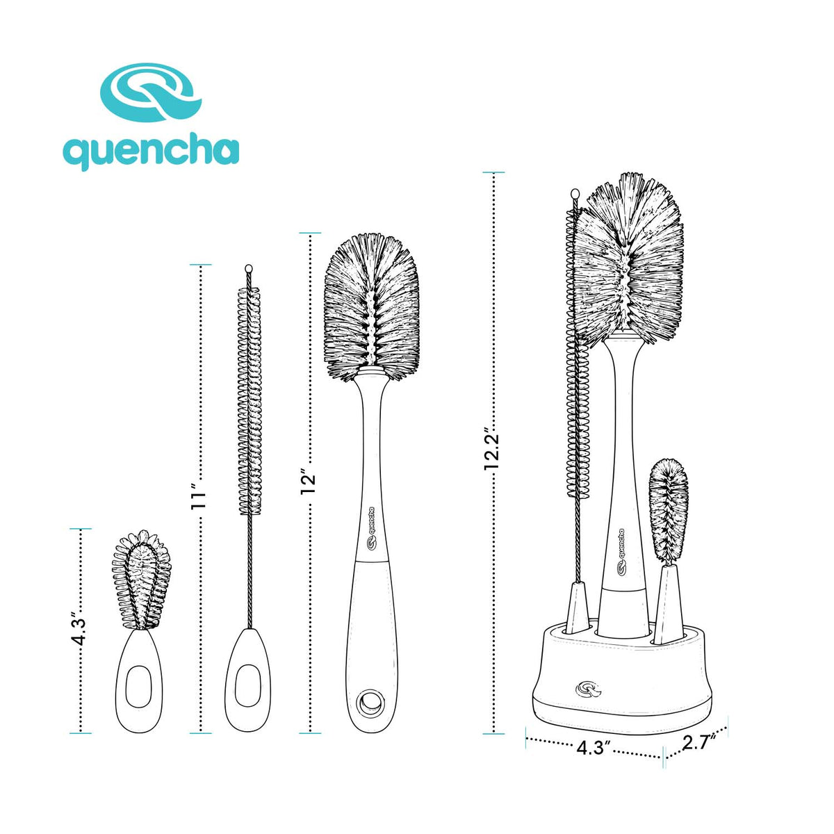 Quencha 3-in-1 Bottle Brush Set Tumbler Cleaner with Straw Brush Lid Brush and Organizer Base BPA-Free Aqua
