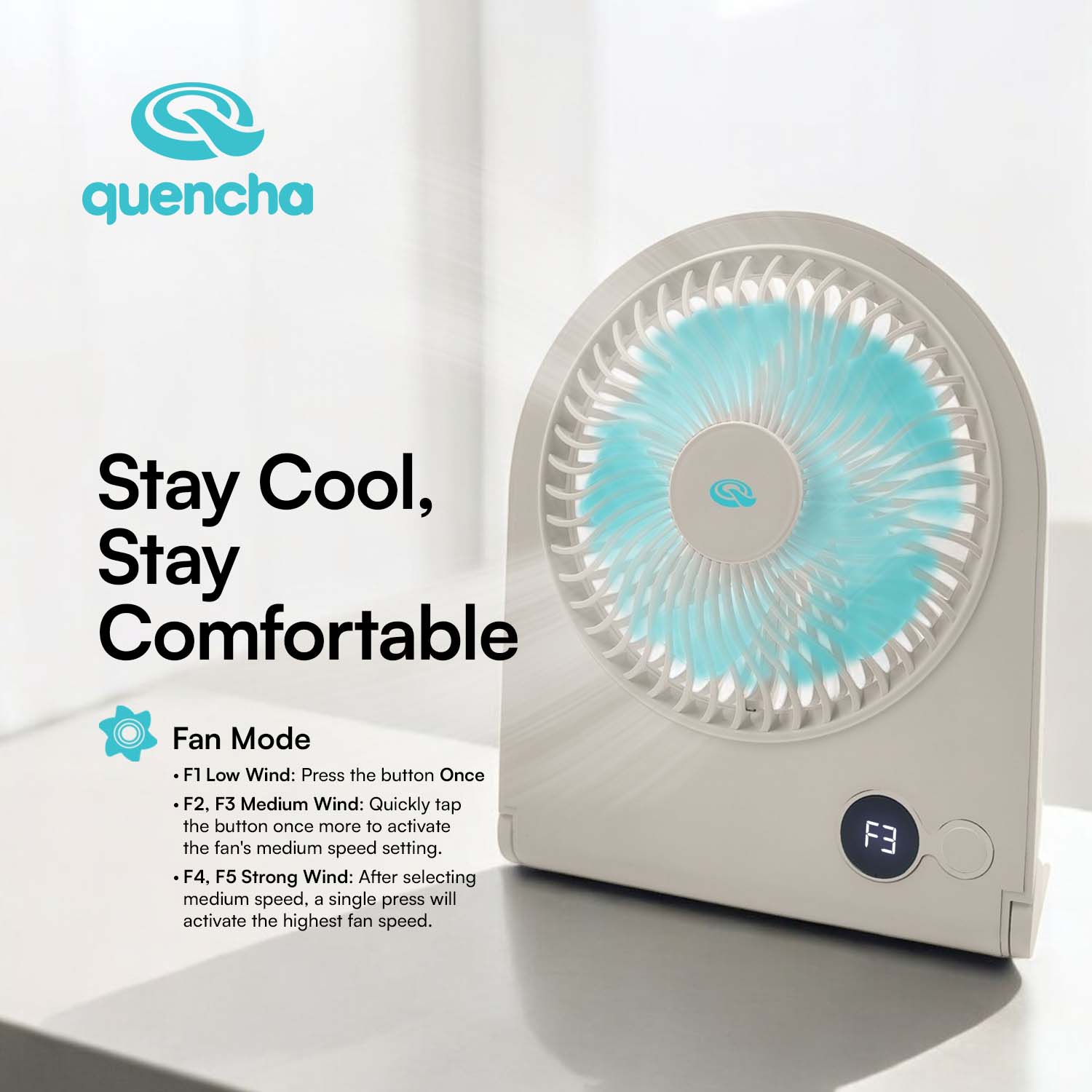 QUENCHA Portable Desk Fan 2000mAh Rechargeable Mini Fan