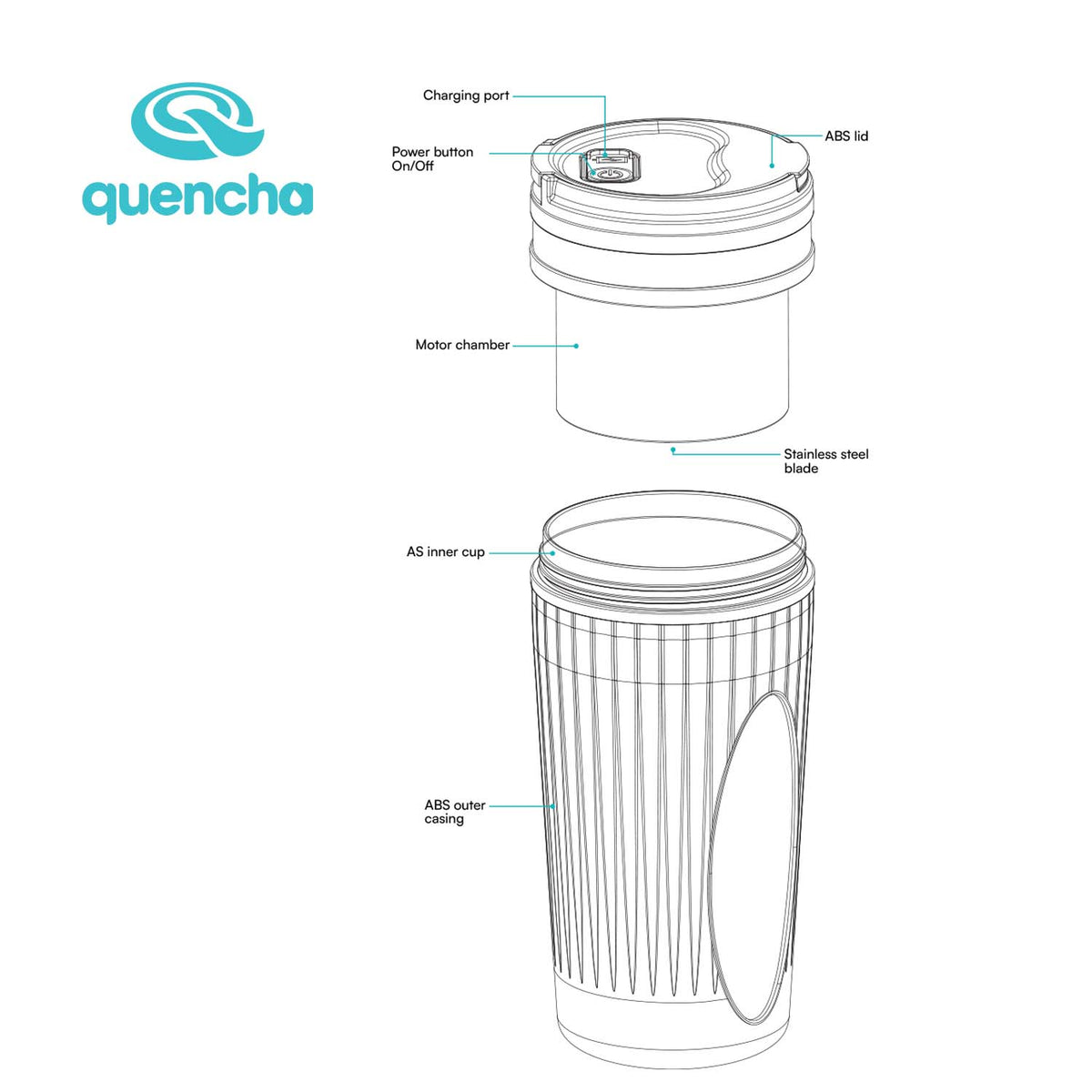 Quencha Portable Blender 1500mAh Rechargeable Personal Smoothie Maker and Juicer with Type-C Port