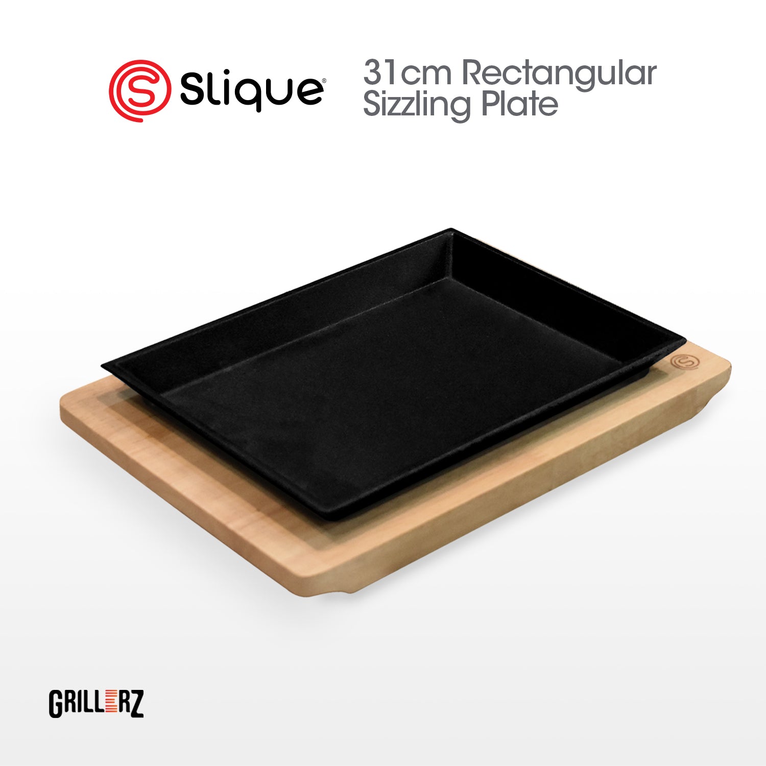 [Official] Slique GRILLERZ Cast Iron Sizzling Plate w/ Rubberwood Base - Restaurant Grade Serving Tray, Induction Ready