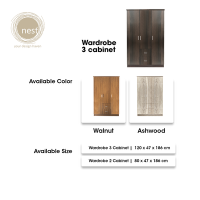 NEST DESIGN LAB Premium Wardrobe 3Doors & 2Drawers Modern Italian Design Amazing Gift Idea For Any Occasion! (Wenge)
