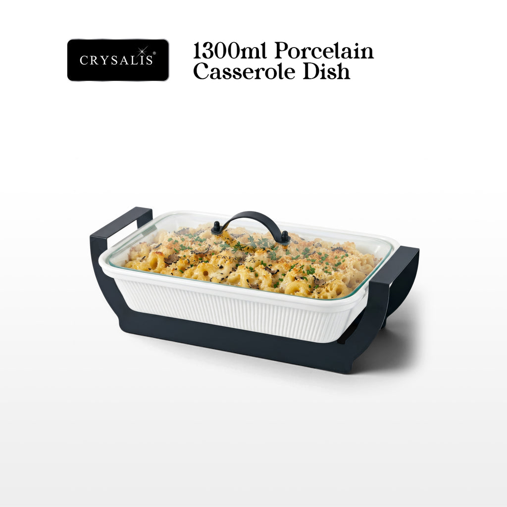 Crysalis Linear Porcelain Casserole Dish with Glass Lid and Metal Stand