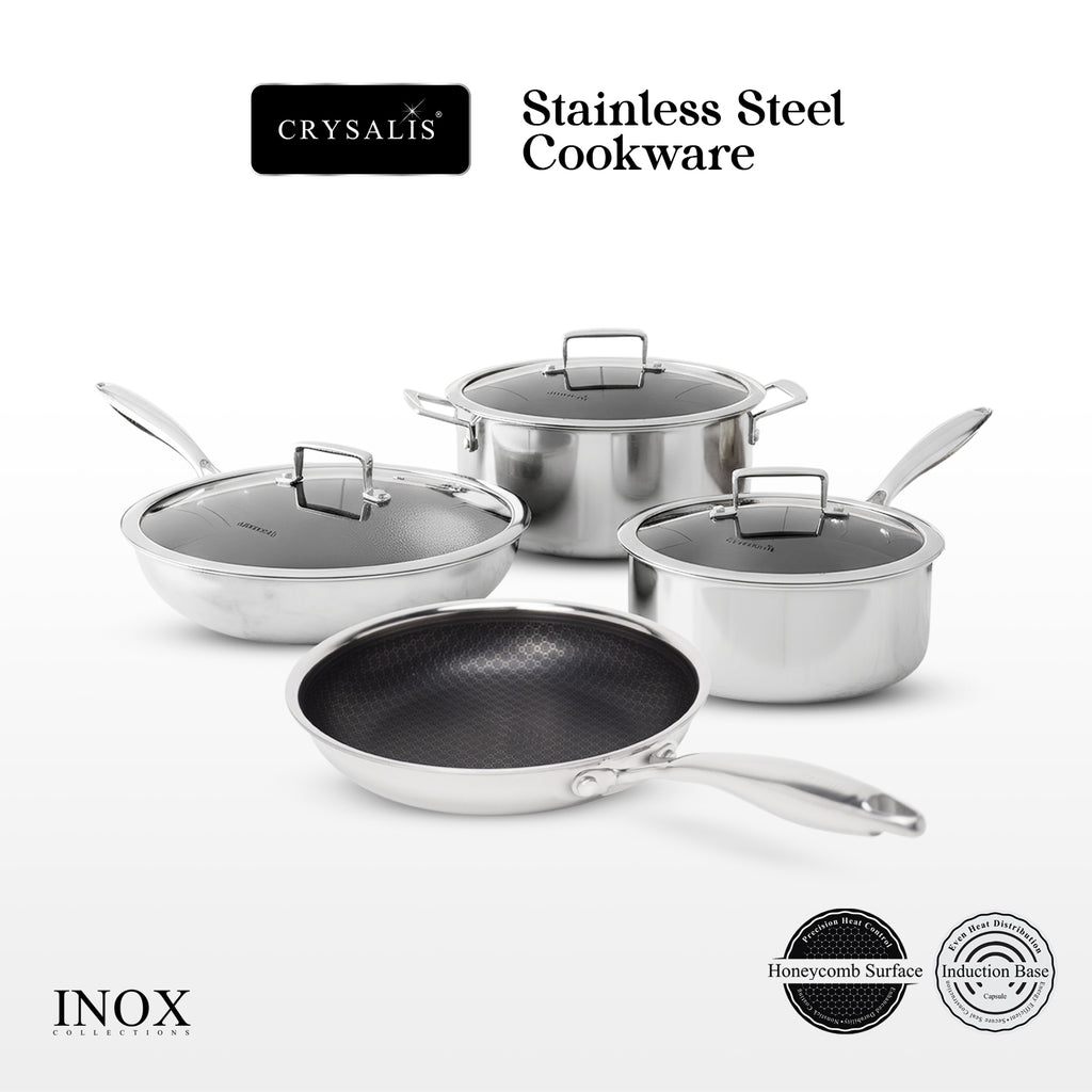 CRYSALIS INOX Stainless Steel Cookware Set - Honeycomb Non-Stick Frypan, Saucepan, Dutch Oven, Wok Pan