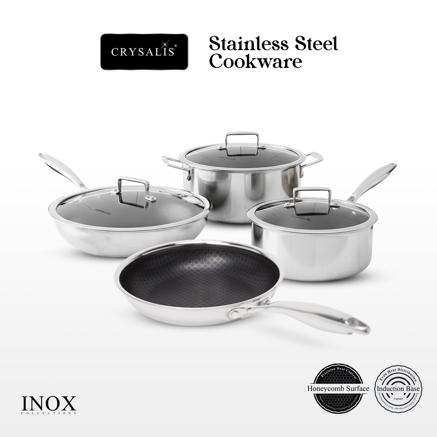 CRYSALIS INOX Stainless Steel Cookware Set - Honeycomb Non-Stick Frypan, Saucepan, Dutch Oven, Wok Pan