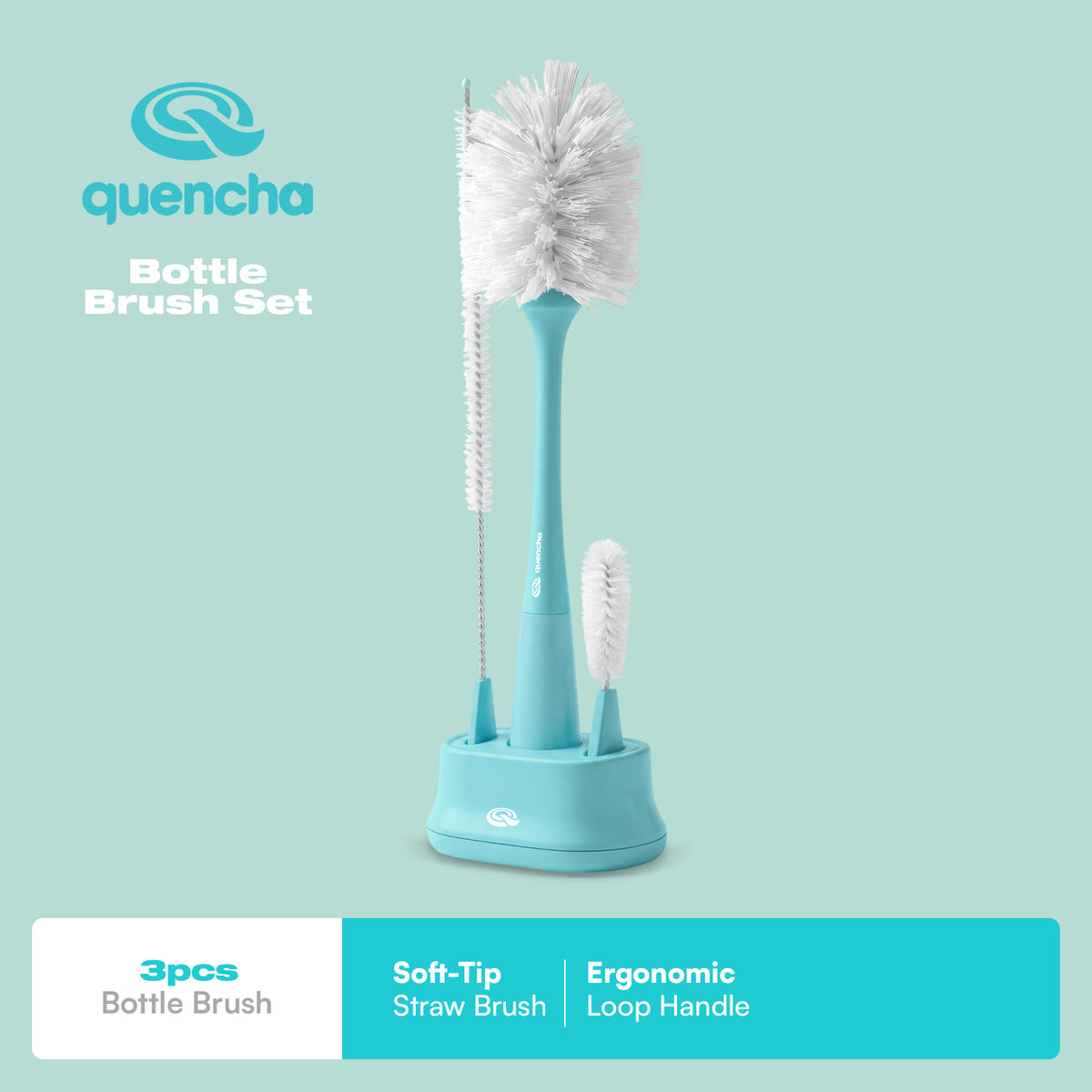 Quencha 3-in-1 Bottle Brush Set Tumbler Cleaner with Straw Brush Lid Brush and Organizer Base BPA-Free Aqua