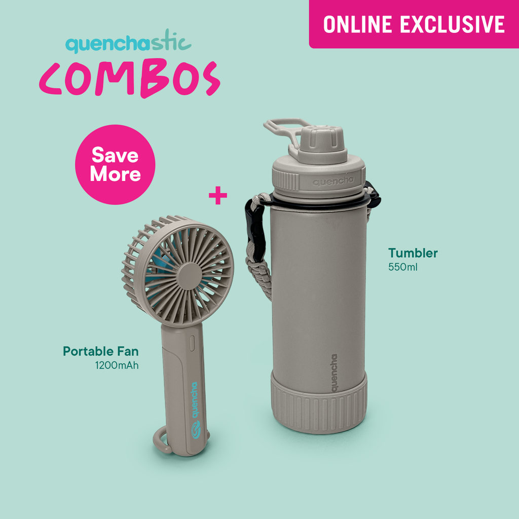 Quencha 18oz. & 37oz. Insulated Tumbler + Portable Fan with Flashlight – Perfect for Travel, Commute & Outdoors