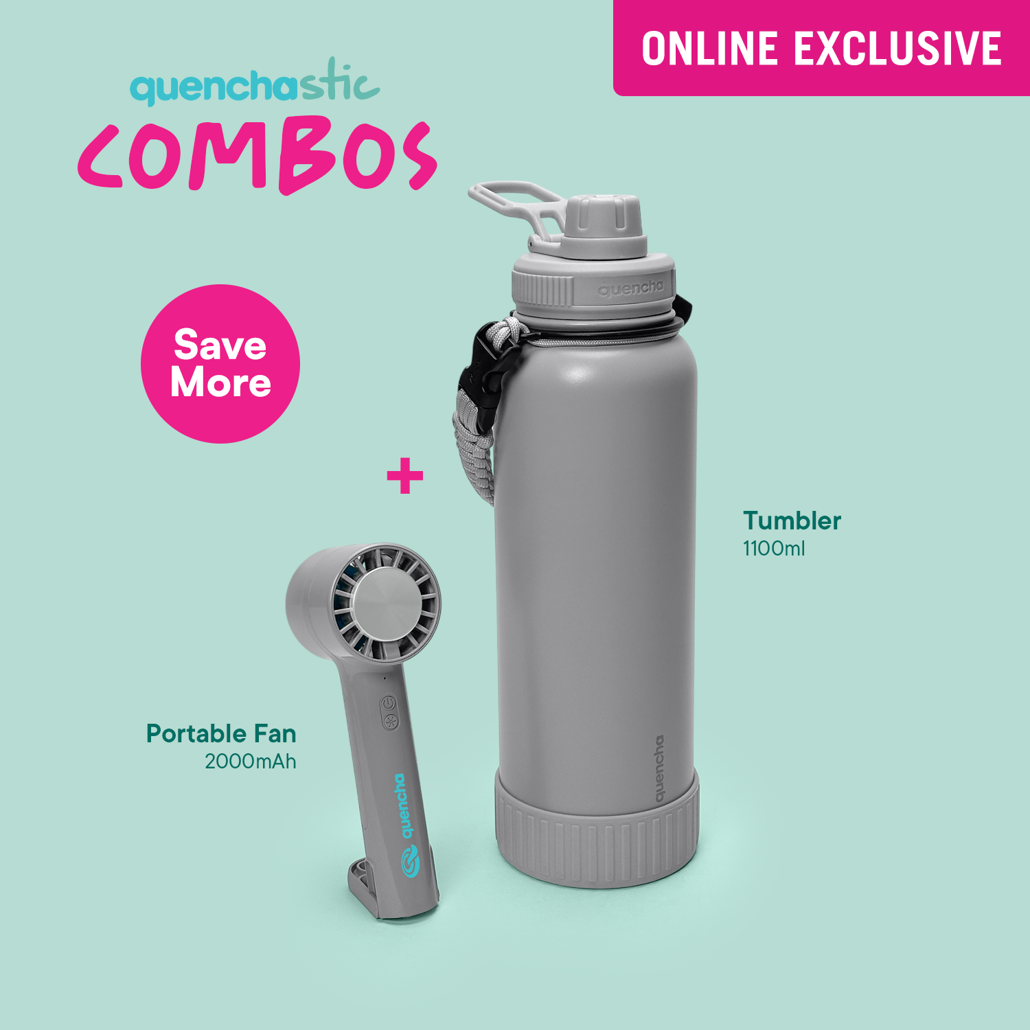 Quencha 18oz. & 37oz. Insulated Tumbler + Portable Cooling Fan – Perfect for Travel, Commute & Outdoors