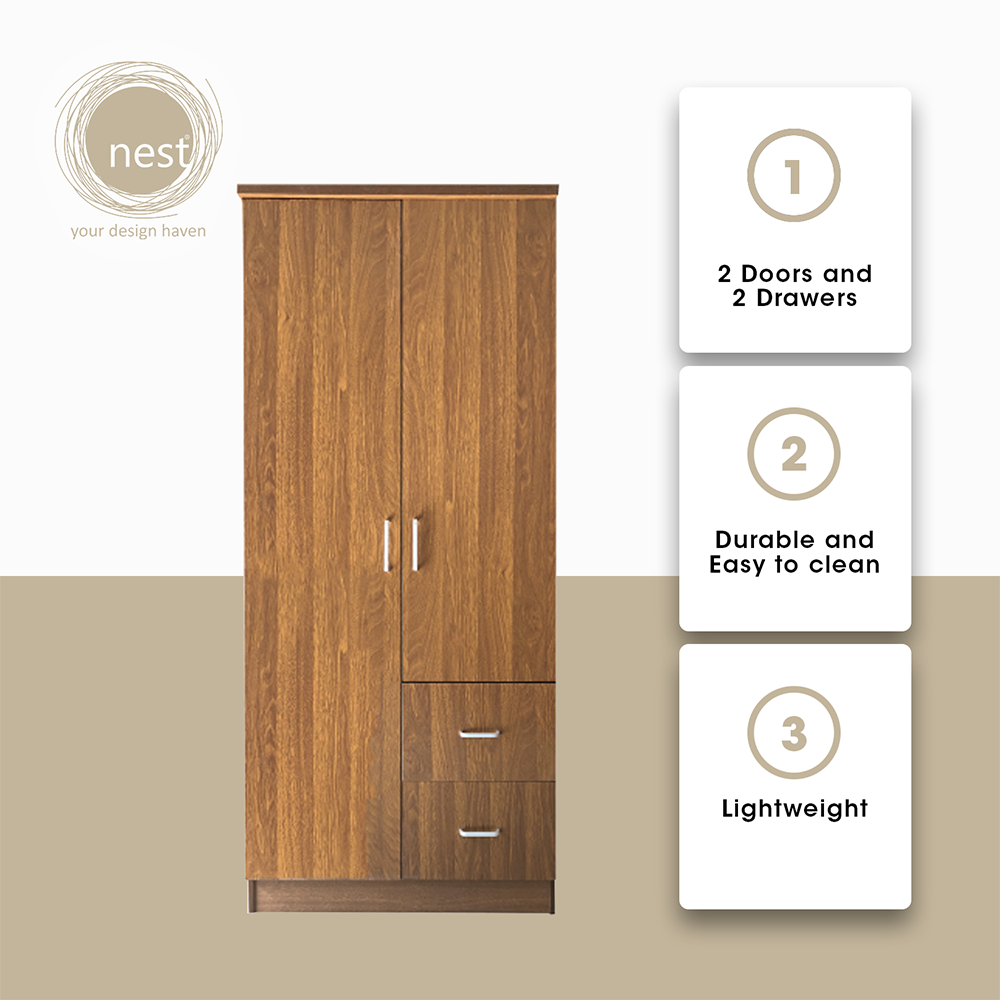 NEST DESIGN LAB Premium Wardrobe 2 Doors & 2 Drawers Modern Italian Design Amazing Gift Idea For Any Occasion! (Walnut)