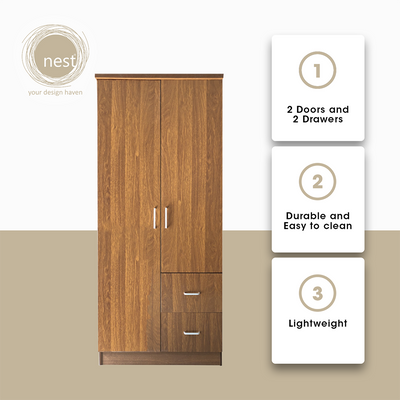 NEST DESIGN LAB Premium Wardrobe 2 Doors & 2 Drawers Modern Italian Design Amazing Gift Idea For Any Occasion! (Walnut)