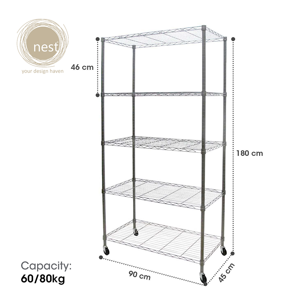 NEST DESIGN LAB Premium SS 5 Layer Multi-Purpose Storage Shelf Kitchen Organizer 90x45x180cm Amazing Gift Idea For Any Occasion!