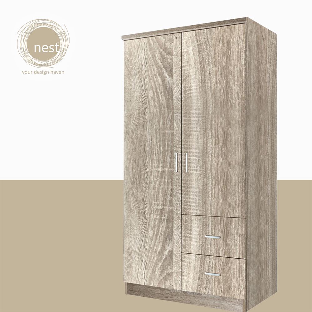 NEST DESIGN LAB Premium Wardrobe 2 Doors & 2 Drawers Modern Italian Design Amazing Gift Idea For Any Occasion! (Ashwood)
