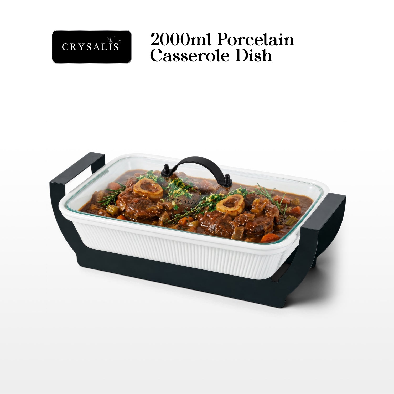 Crysalis Linear Porcelain Casserole Dish with Glass Lid and Metal Stand