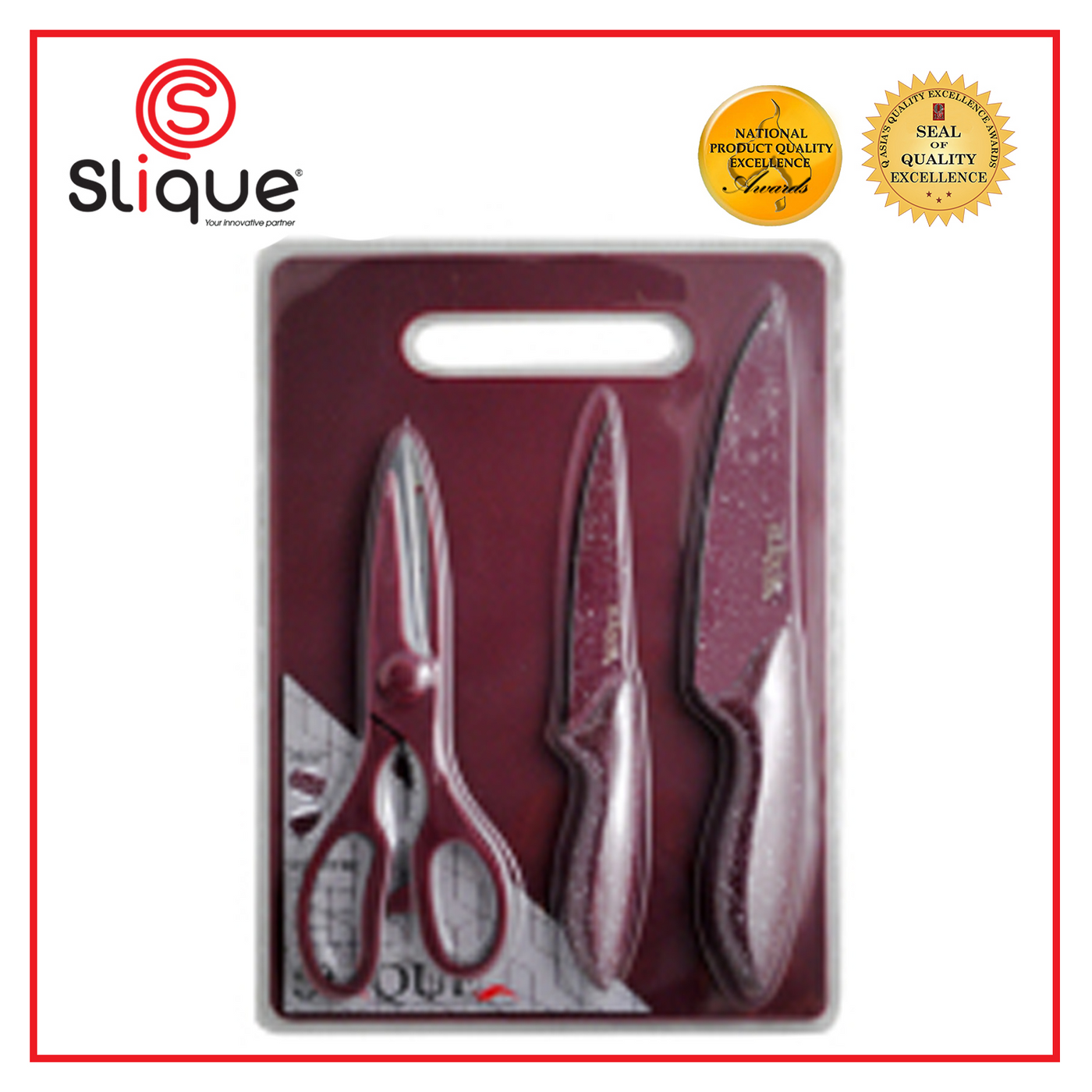 SLIQUE Premium Stainless Steel Non-Stick Kitchen Knife w/ Scissors Cutting Board Set of 4 (Maroon)