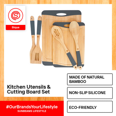 SLIQUE Kitchen Utensils & Cutting Board [Set of 6] Spoons & Turners -  Bamboo  Wood Silicone Handle | Light-weight & ergonormic | Non-slip edges & Juice Dripper