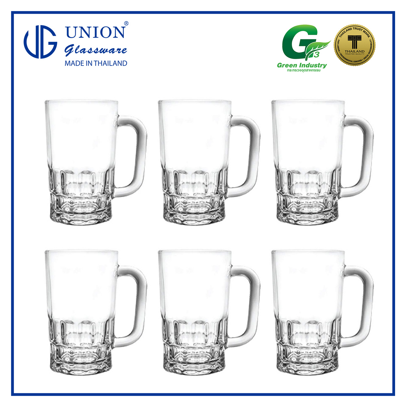 UNION GLASS Thailand Premium Clear Glass Beer Mug Beer Lovers 385ml Set of 6 Amazing Gift Idea For Any Occasion!