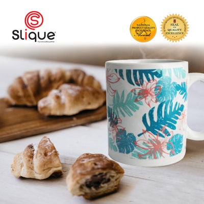 SLIQUE Premium Ceramic Mug Limited Edition Design 300ml Amazing Gift Idea For Any Occasion! (Tropical Blue Leaves)