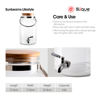 SLIQUE Dispenser Jar 5.5L Soda Lime Glass, Bamboo lid, Stainless Steel Faucet & Handle with Silicone Gasket | Storage Essentials