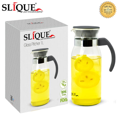SLIQUE Premium Glass Bottle w/ Cover Pitcher 1000mL Amazing Gift Idea For Any Occasion!