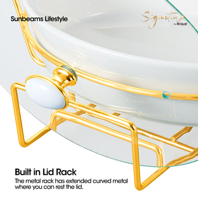 SLIQUE Casserole Serving Dish Oval - Signature Porcelain Collection Gold Stand with 2 Candle Burner | Stain Resistant | Lead Free | Microwave & Oven Safe | Freezer & Dishwasher Safe