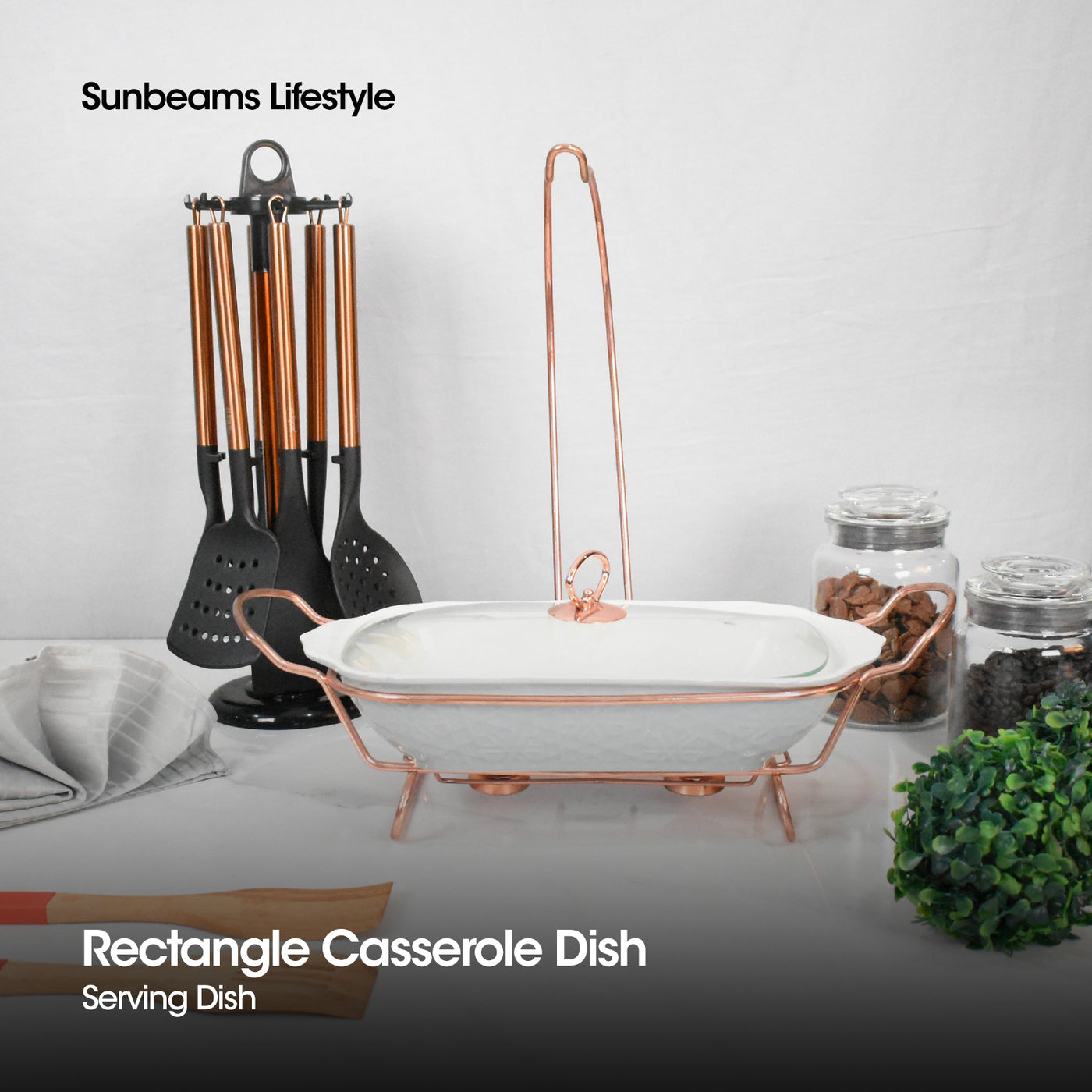 SLIQUE Premium Ceramic Rectangular Casserole Dish and Rosegold Plated Metal Tealight Candle Holder 1800ml