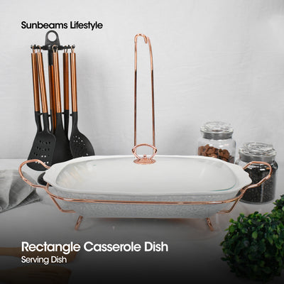 SLIQUE Premium Ceramic Rectangular Casserole Dish with Rosegold Plated Tealight Candle Holder 3700ml Amazing Gift Idea For Any Occasion!