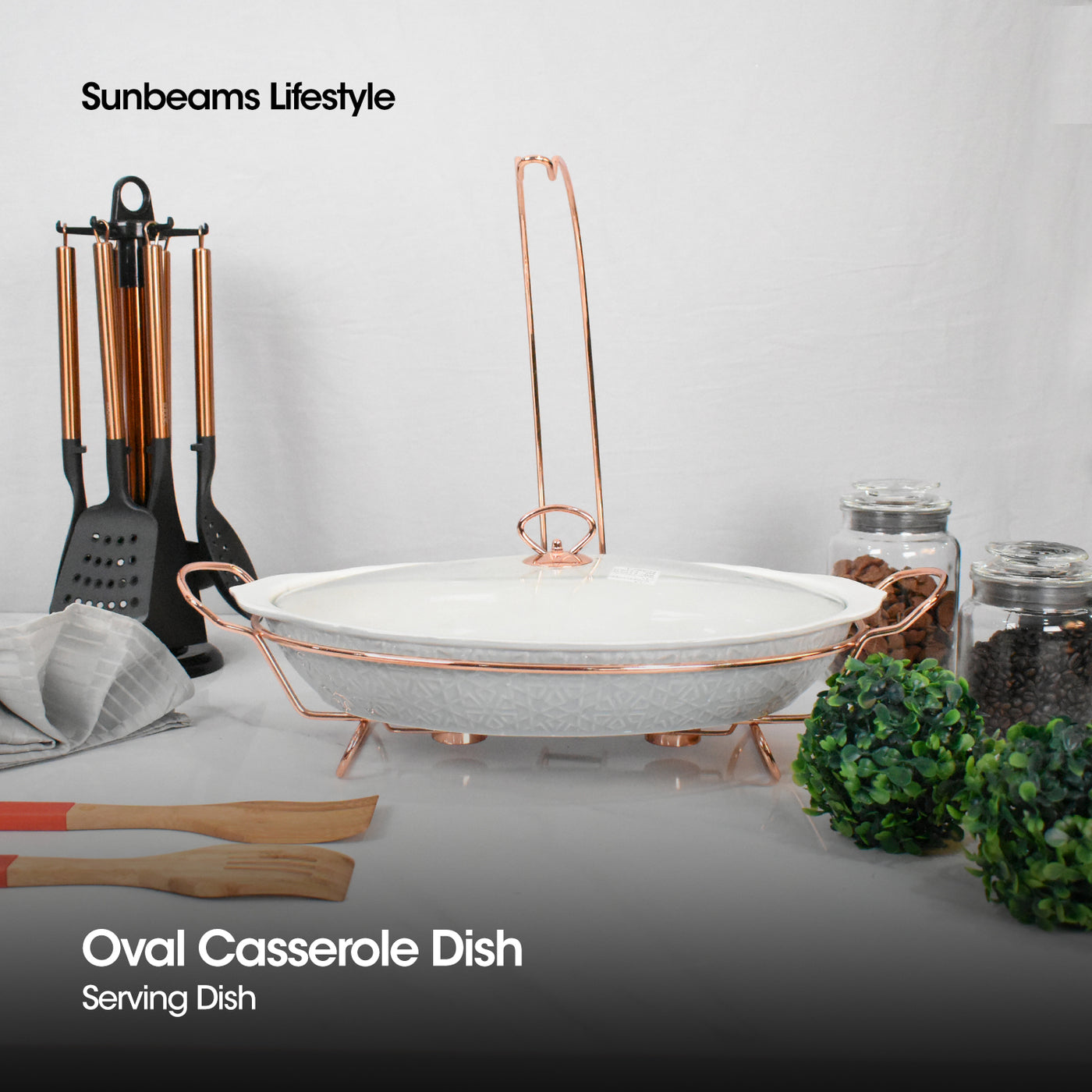 SLIQUE Premium Ceramic Oval Casserole Dish with Rosegold Metal Tealight Candle Holder 2500ml