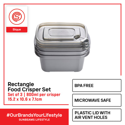 SLIQUE Premium Rectangular Food Crisper w/ Air Vent on Lid 800ml Set of 3 Storage Essentials Amazing Gift Idea For Any Occasion!