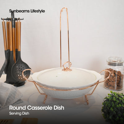 SLIQUE Premium Ceramic Round Serving Dish with Rosegold Plated Metal Tealight Candle Holder 1900ml Amazing Gift Idea For Any Occasion!
