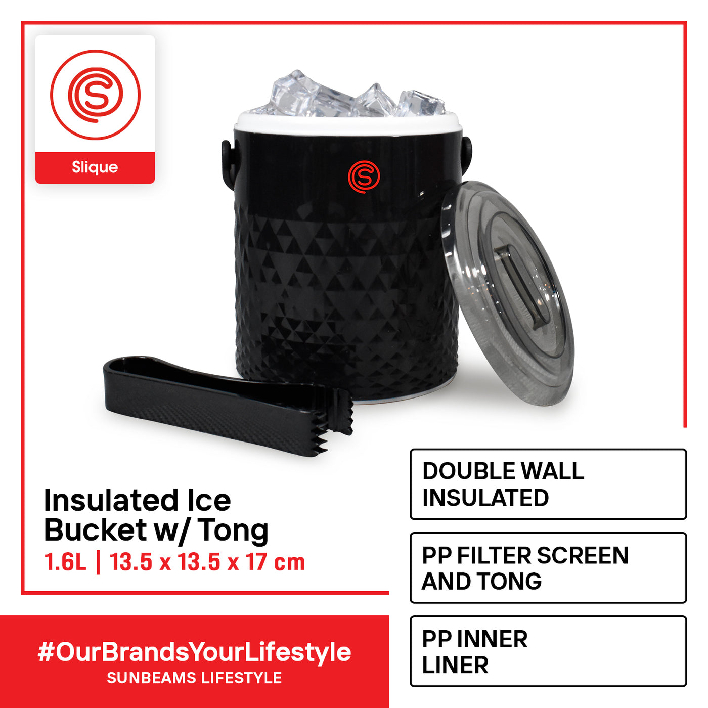 SLIQUE Premium Insulated Ice Bucket w/ Tong  1600ml 1.6L  Amazing Gift Idea For Any Occasion! (Black)