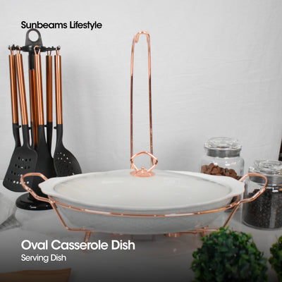 SLIQUE Premium Ceramic Oval Casserole Dish with Rosegold Metal Tealight Candle Holder 3700ml Amazing Gift Idea for any Occasion!