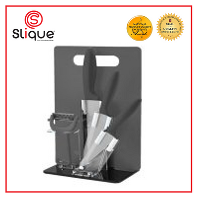 SLIQUE Premium Stainless Steel Kitchen Knife Block w/ Peeler Cutting Board Set of 6 Amazing Gift Idea For Any Occasion! (Black)