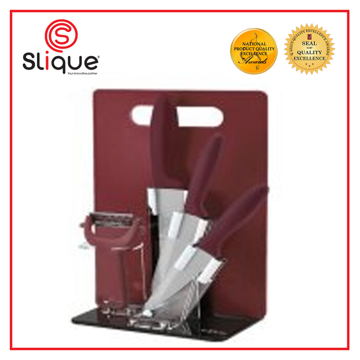 SLIQUE Premium Stainless Steel Kitchen Knife Block w/ Peeler Cutting Board Set of 6 Amazing Gift Idea For Any Occasion! (Red)