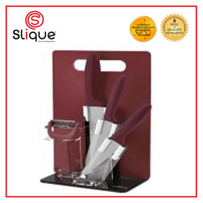 SLIQUE Premium Stainless Steel Kitchen Knife Block w/ Peeler Cutting Board Set of 6 Amazing Gift Idea For Any Occasion! (Red)