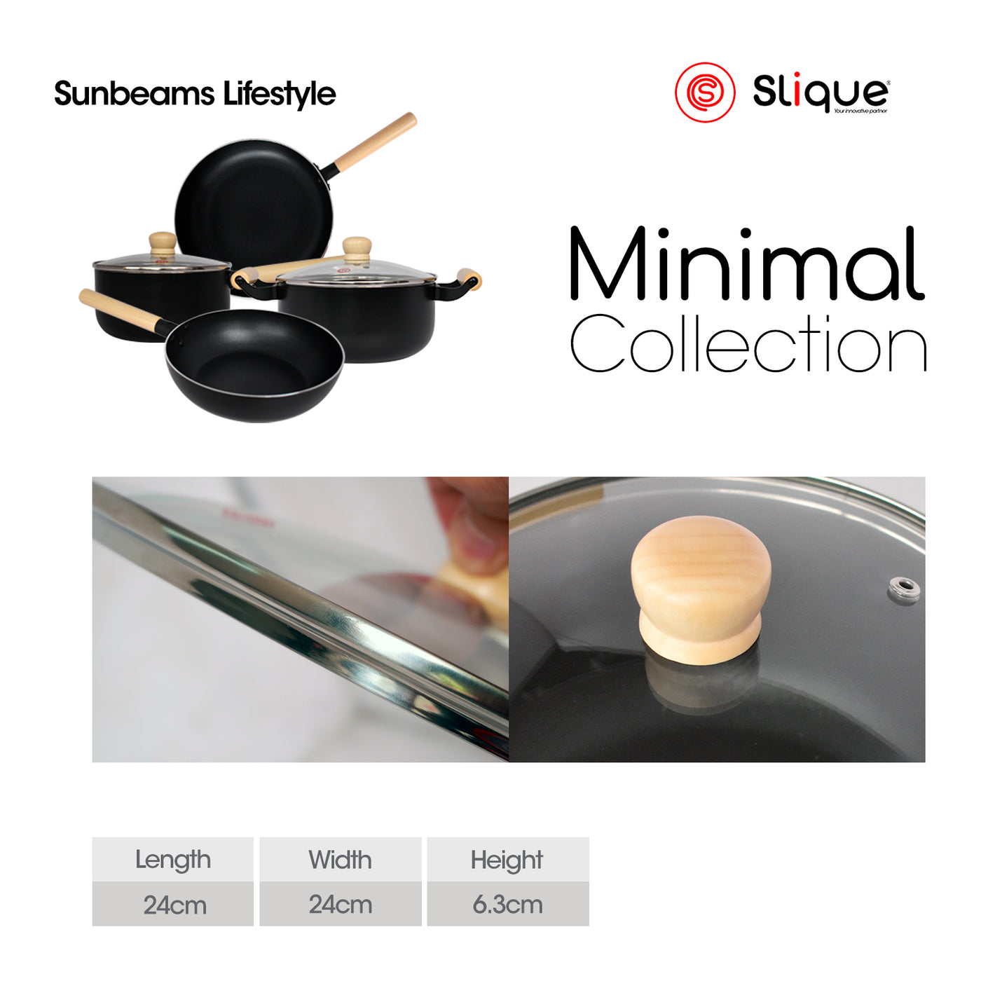 Slique Glass Lid Tempered Glass & Stainless Steel Rim with Wooden Knob
